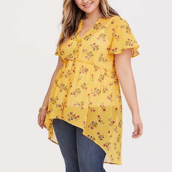 Torrid Tops - Torrid size 2 yellow floral high-low blouse